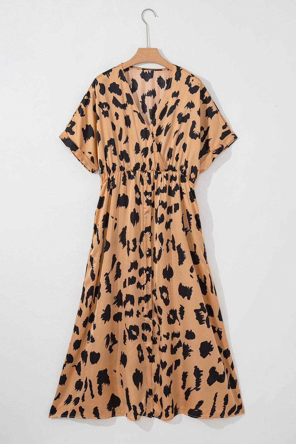 Leopard V Neck High Waist Buttoned Plus Maxi Dress | Khaki