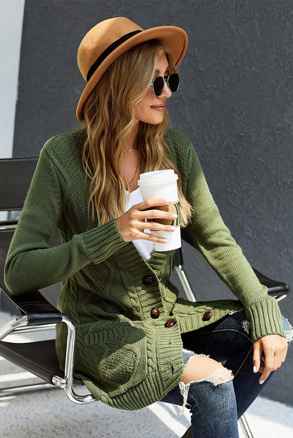 Front Pocket And Buttons Closure Cardigan | Green