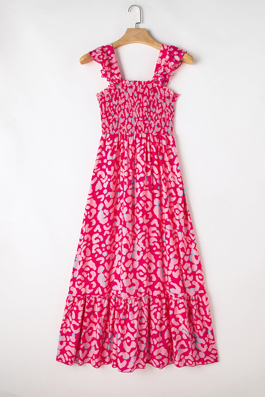 Leopard Ruffle Straps Smocked High Waist Long Dress | Pink