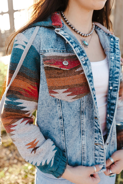 Aztec Print Frayed Hem Denim Jacket | Multicolour