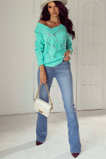 Hollow Out Knit V Neck Drop Shoulder Sweater | Mint Green