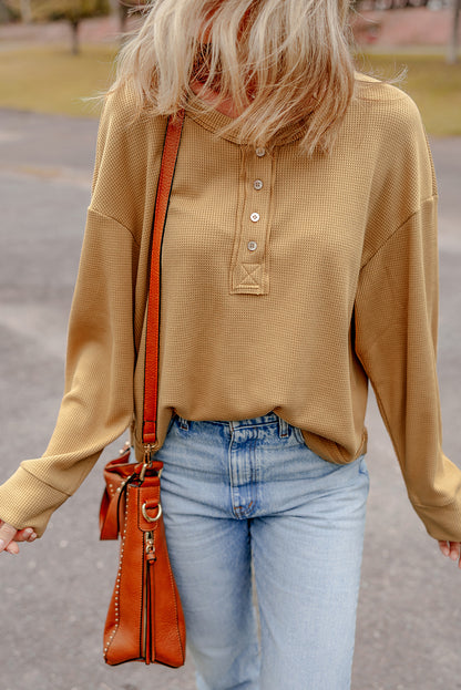 Textured Knit Half Button Drop Shoulder Oversized Top | Camel