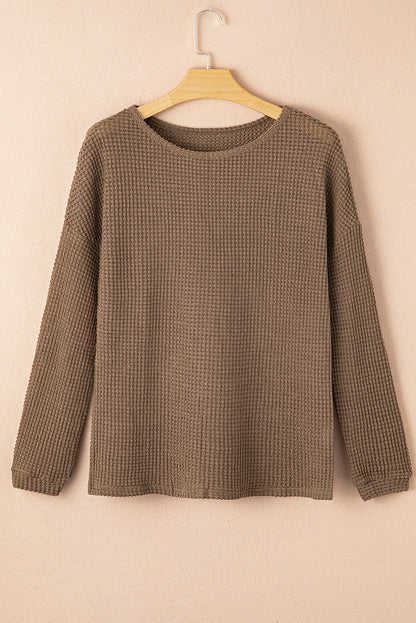 Waffle Knit Drop Shoulder Long Sleeve Top | Dark Brown