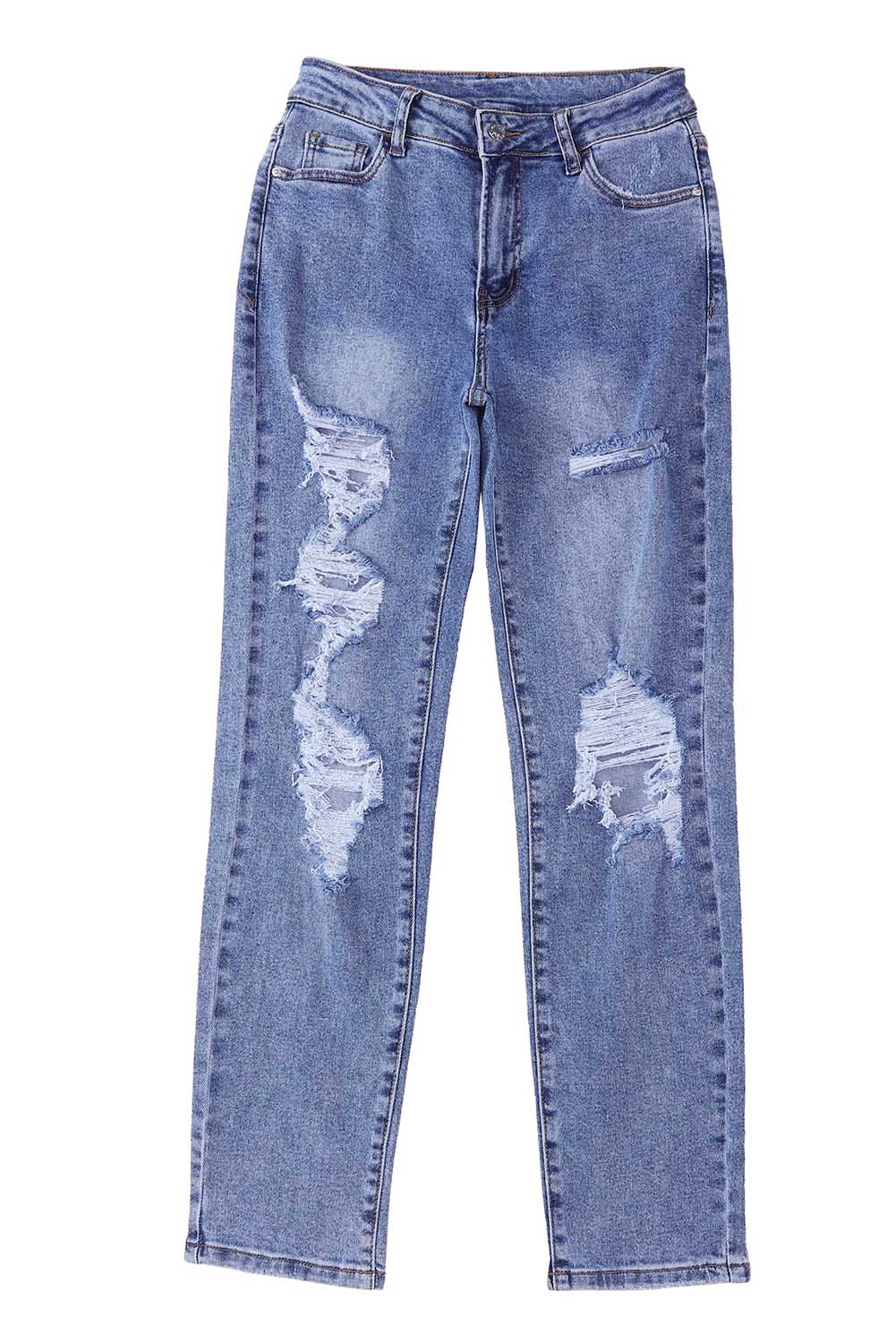 Heavy Destroyed Big Hole Boyfriend Jeans | Sky Blue