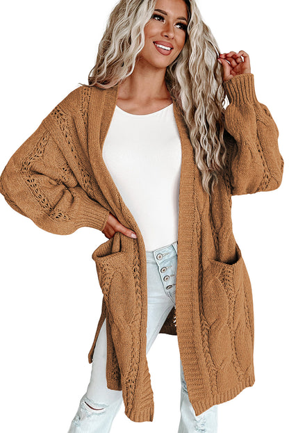 Ribbed Trim Eyelet Cable Knit Cardigan | Khaki