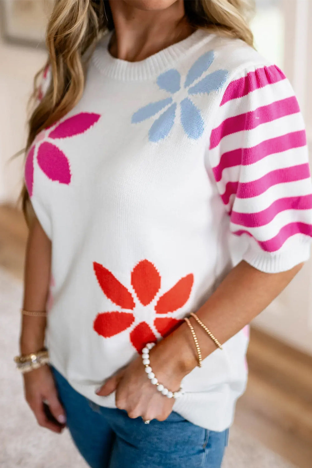 Floral Pattern Striped Sleeve Sweater T Shirt | White