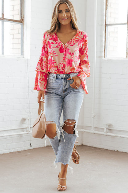 Floral Print Tiered Bell Long Sleeve Buttoned Bodysuit | Pink