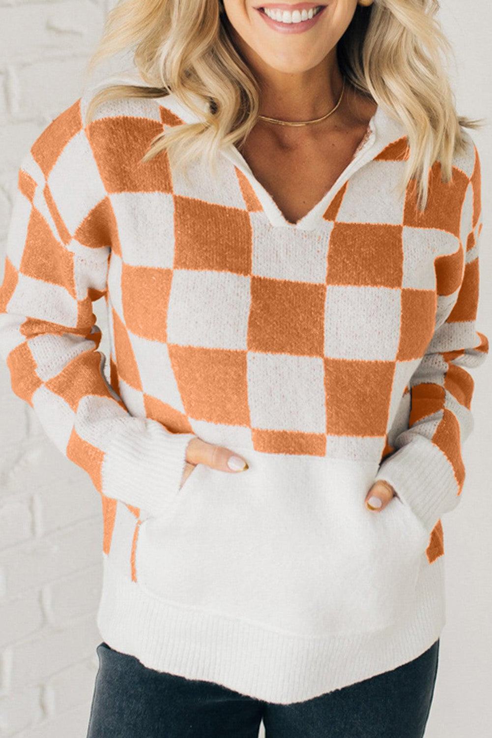 Checkered Split Neck Contrast Kangaroo Pocket Hooded Sweater | Gold Flame