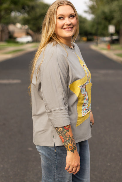 Floral Star Patched Pattern 3/4 Sleeve Plus Size Top | Medium Grey