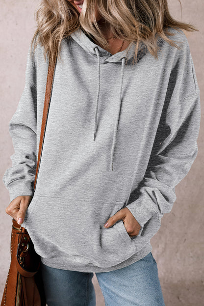 Fleece Lined Kangaroo Pocket Drawstring Chunky Hoodie | Light Grey