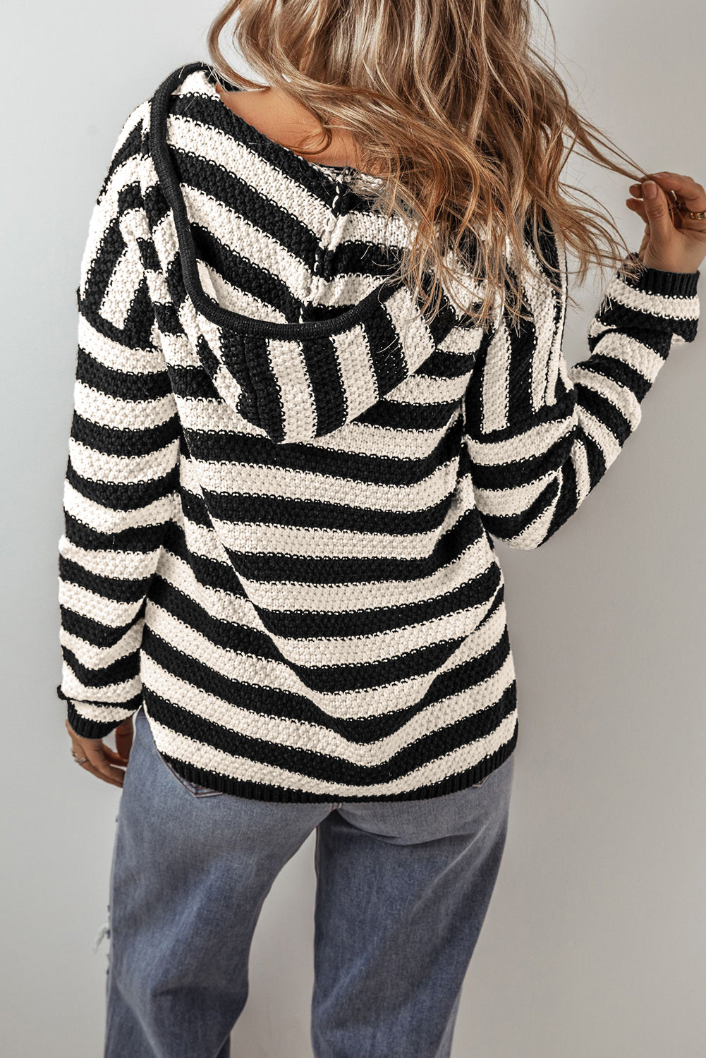 V Neck Pocketed Drawstring Hooded Sweater | White Stripe