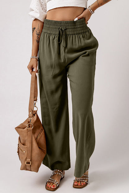 Brown Drawstring Elastic Waist Casual Wide Leg Pants | Green