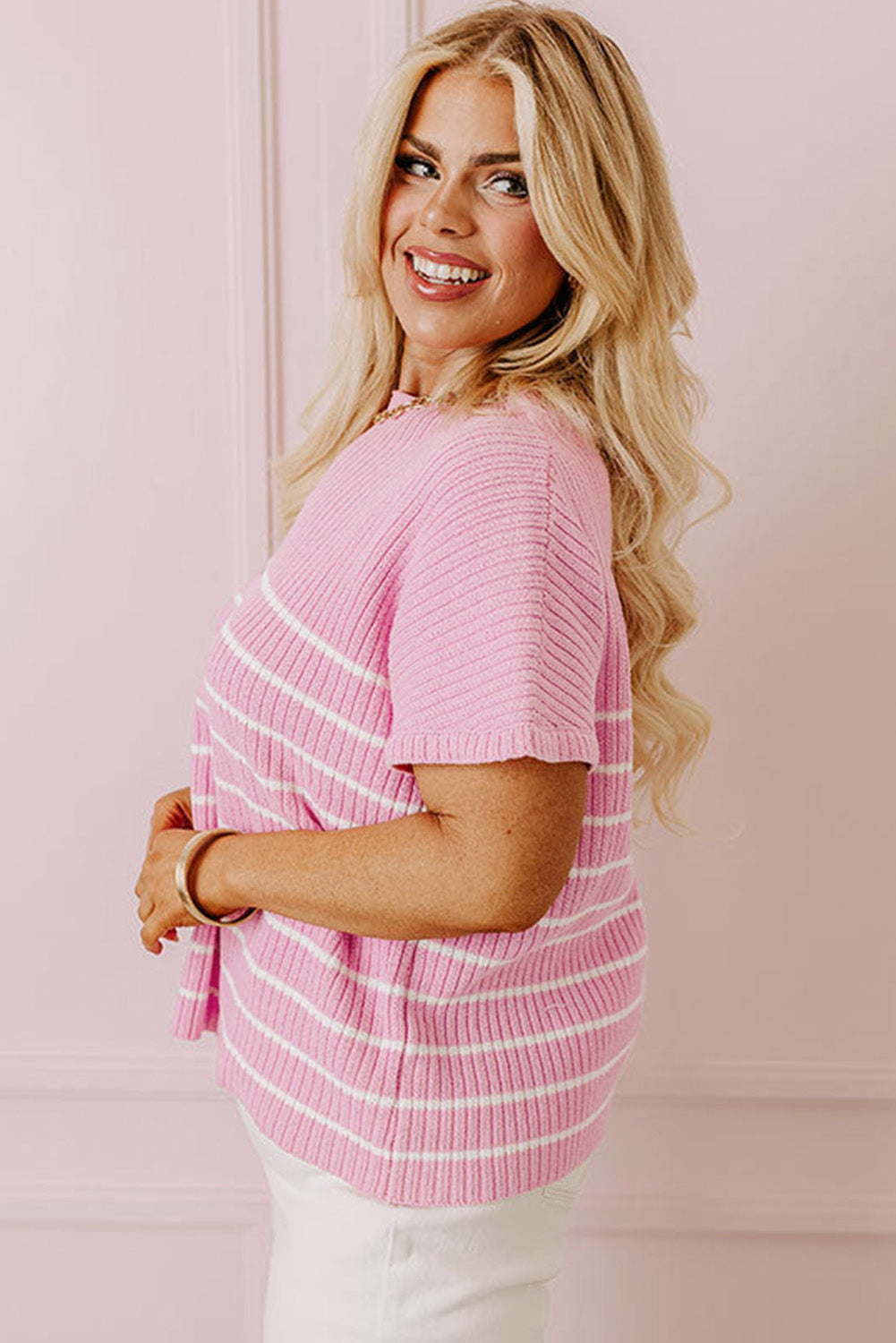 Ribbed Loose Plus T Shirt | Pink Stripe