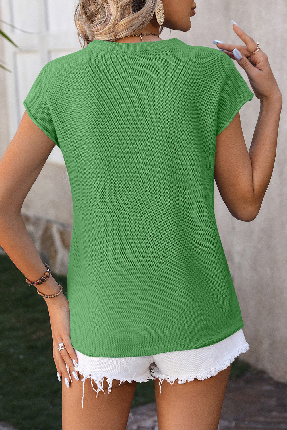 Cap Sleeve Round Neck Knitted Sweater Tee | Dark Green