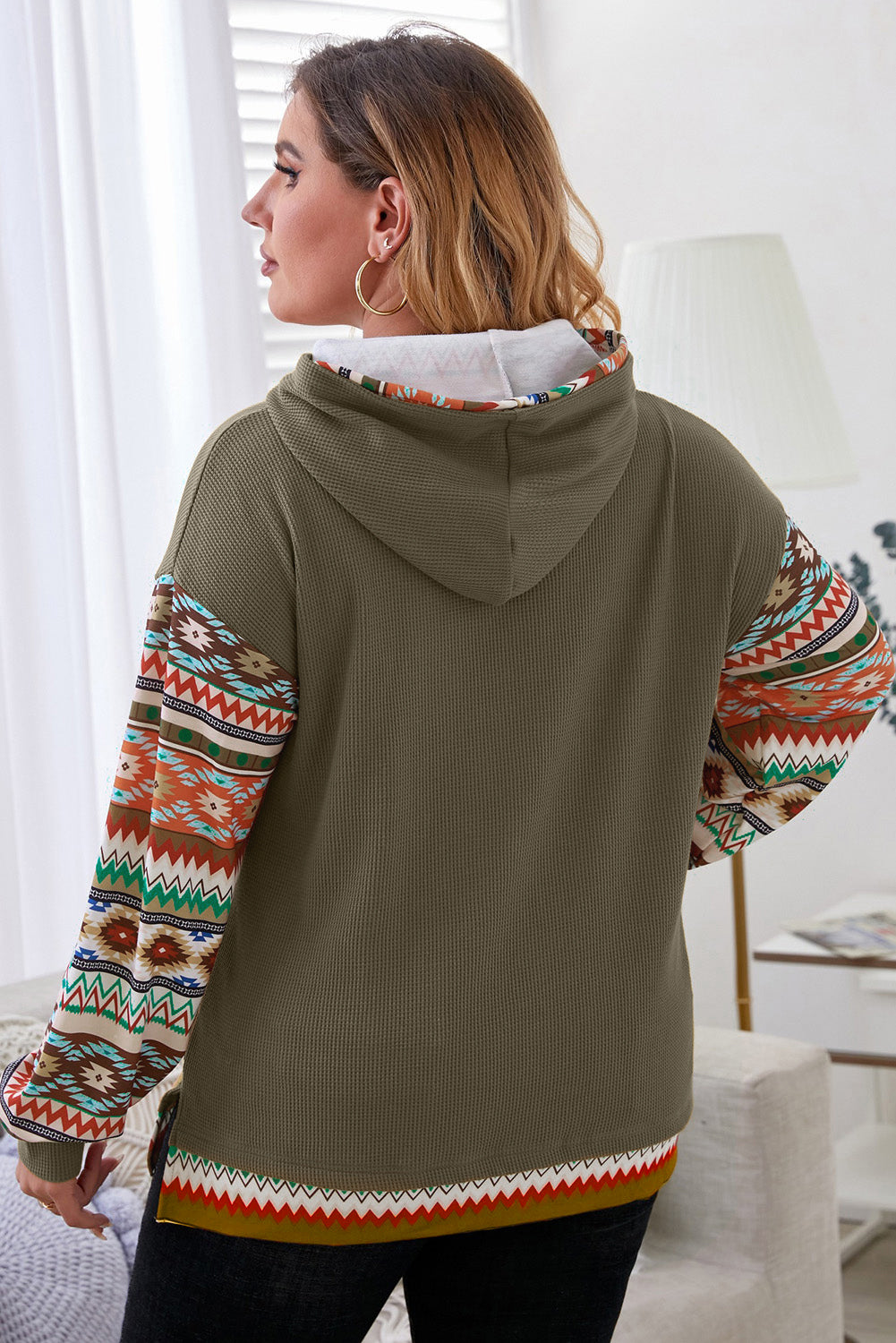 Aztec Patchwork Sleeve Waffle Drawstring Plus Hoodie | Jungle Green