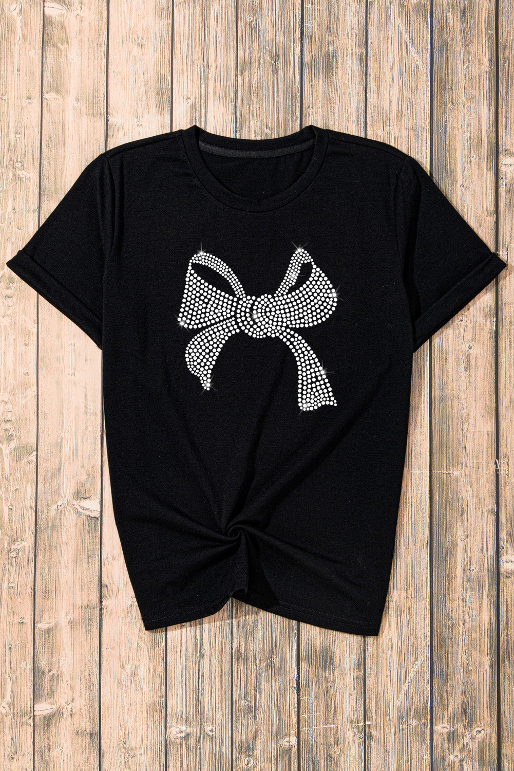 Rhinestone Bowknot Graphic Crewneck T Shirt | Black