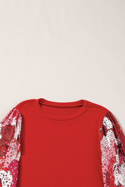 Contrast Mixed Animal Print Lantern Sleeve Patchwork Top | Fiery Red