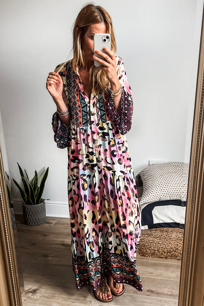 Western Leopard Printed 3/4 Sleeve Buttoned Front Tiered Maxi Dress | Pink