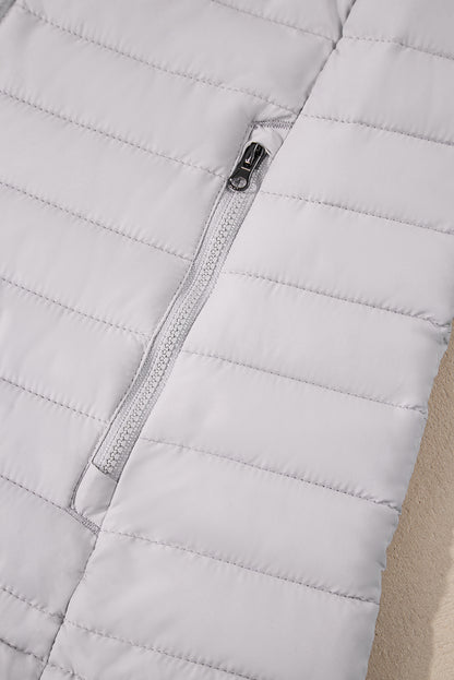 Solid Colour Quilted Zip-Up Puffer Jacket | Silvery