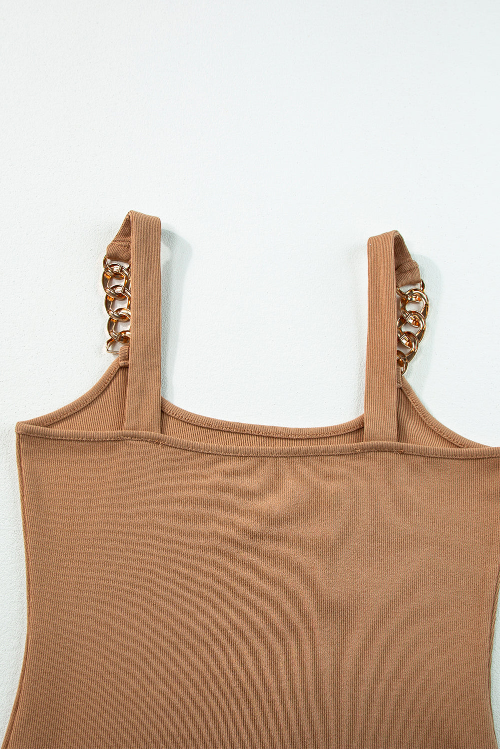 Gold Chain Straps Rib Knit Tank Top | Brown