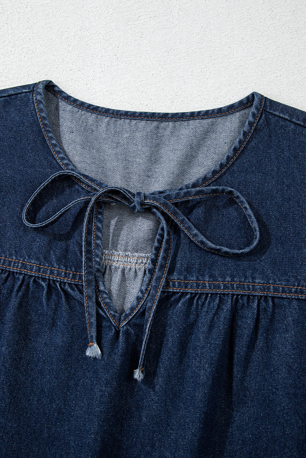 Puff Sleeve Lace-Up Neckline Splicing Denim Blouse | Sail Blue