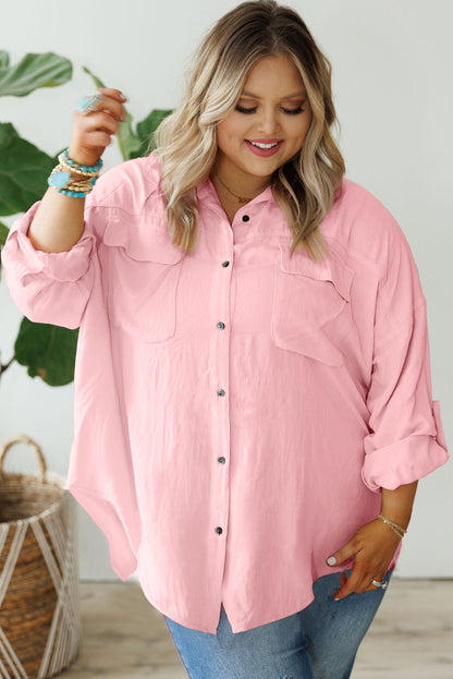 Flap Pocket Tab Sleeve Button-Down Plus Size Shirt | Pink