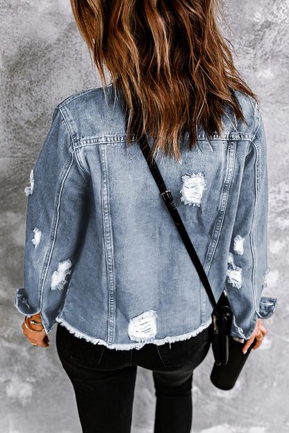 Lapel Distressed Raw Hem Buttons Denim Jacket | Sky Blue