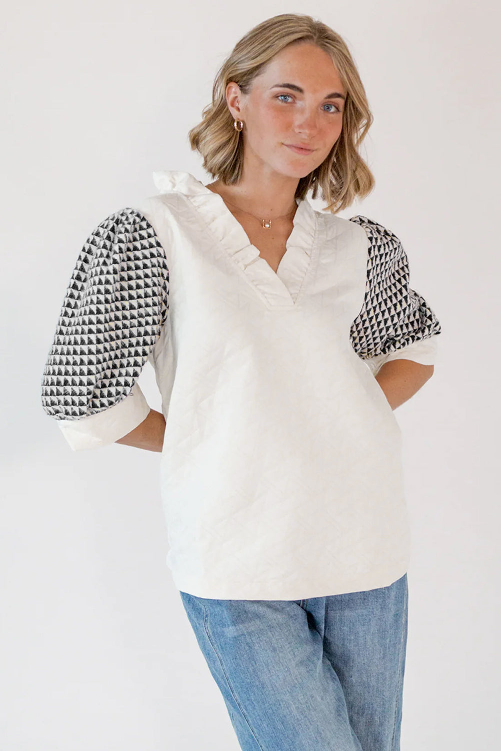 Geometric Textured Short Sleeve Frilly V Neck Blouse | White