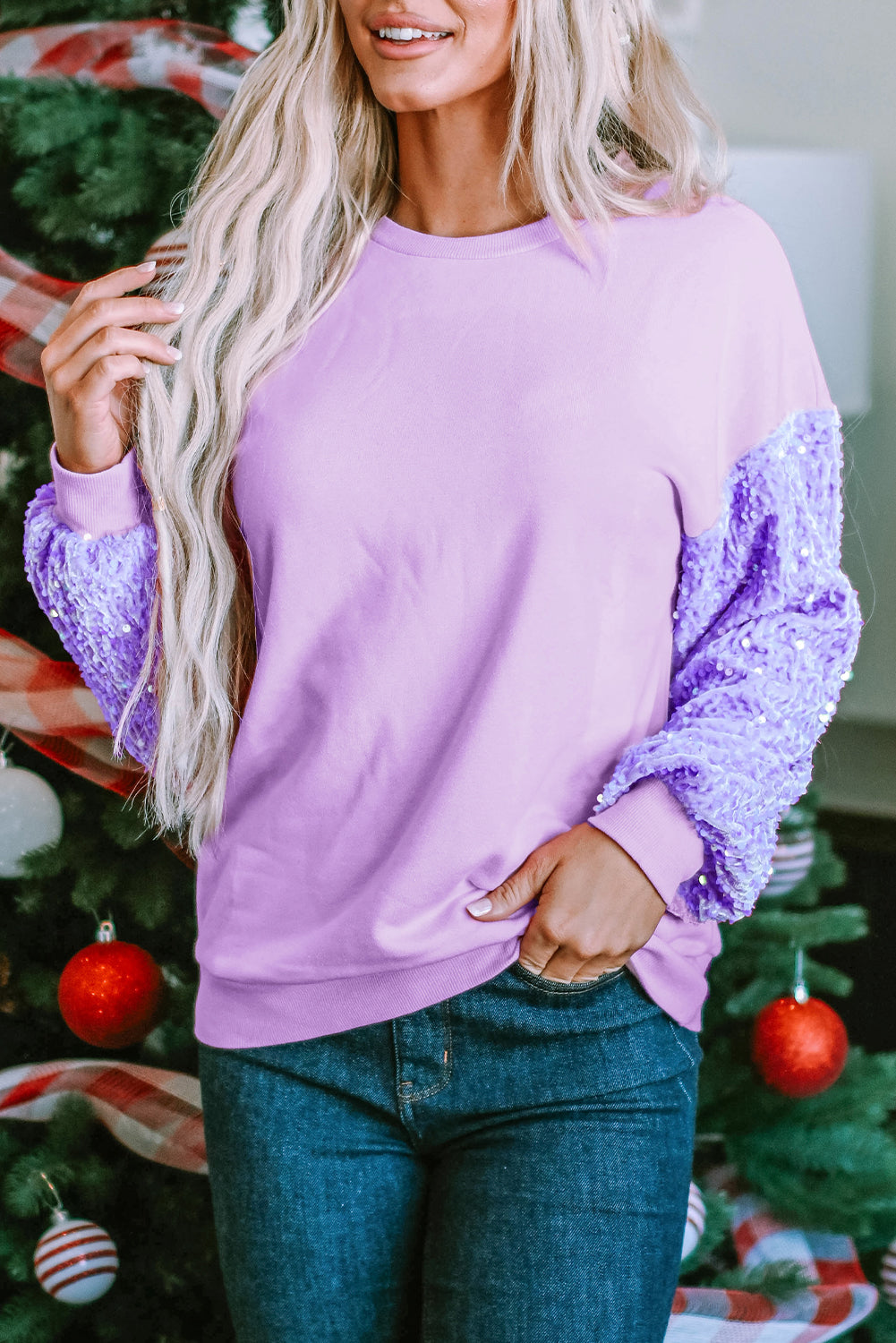 Sequin Patchwork Long Sleeve Pullover Top | Orchid Petal