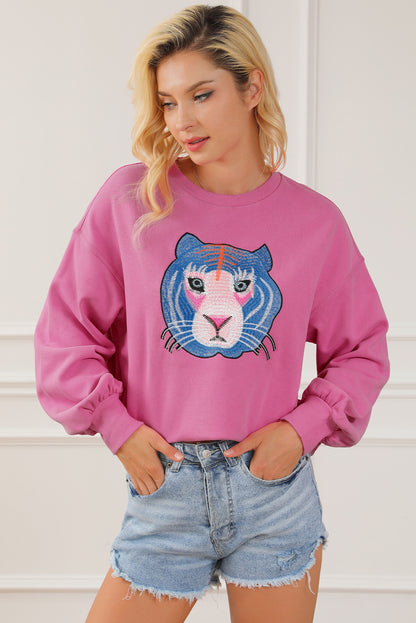 Chic Tiger Embroidered Casual Sweatshirt | Rose