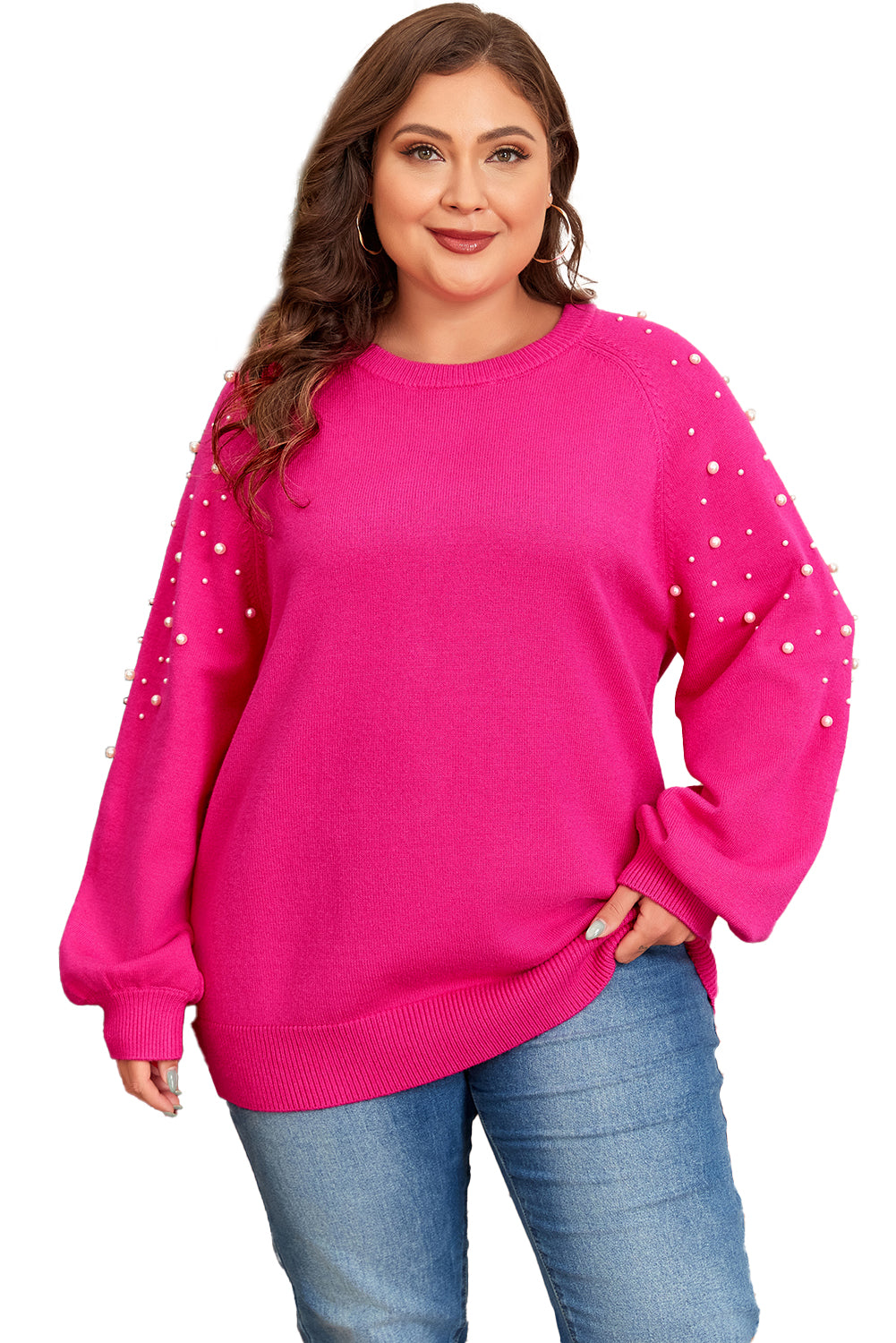 Pearled Decor Raglan Sleeve Plus Size Sweater | Strawberry Pink