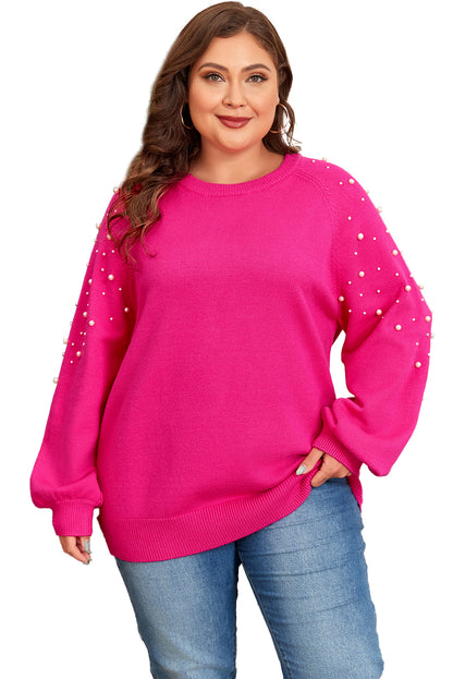 Pearled Decor Raglan Sleeve Plus Size Sweater | Strawberry Pink