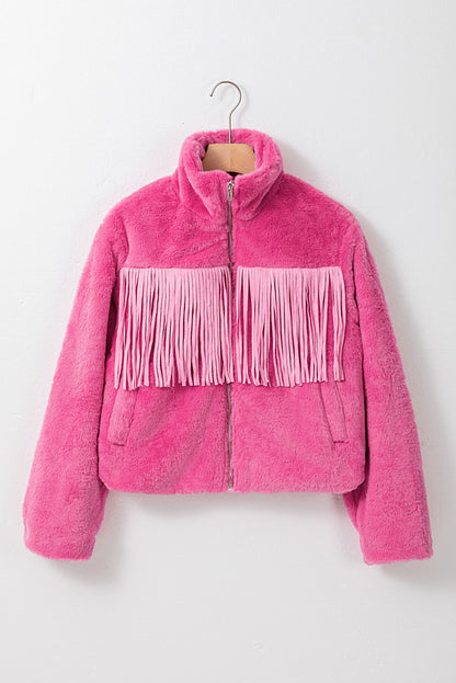 Fringed Full Zipper Fleece Jacket | Pink