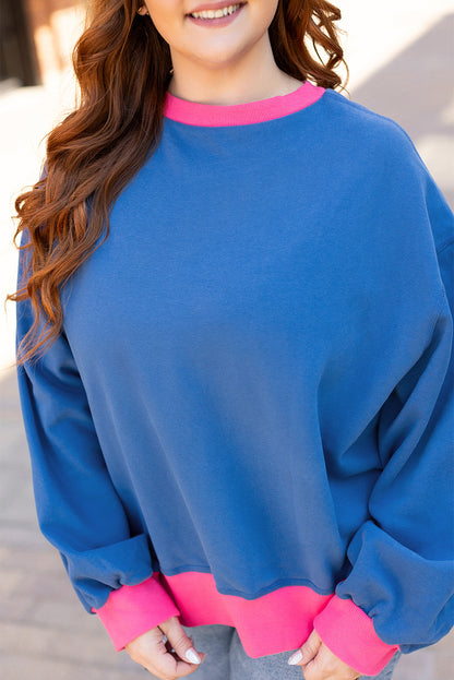 Colour Block Edge Balloon Sleeve Plus Size Sweatshirt | Sky Blue