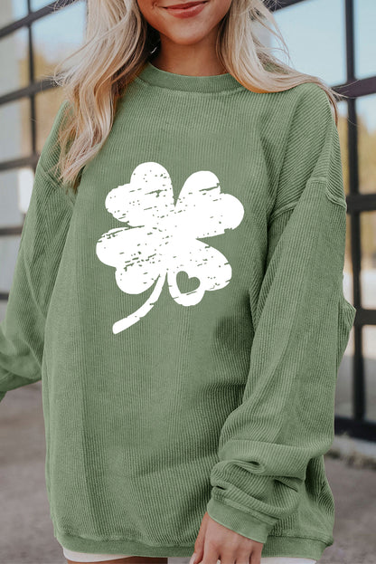 Distressed Clover Print St Patricks Corded Sweatshirt | Grass Green