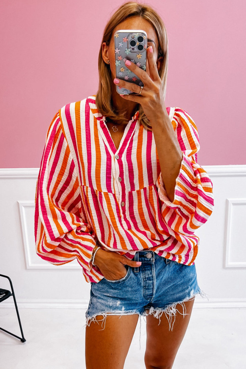 Balloon Sleeve Notched V Neck Buttoned Front Blouse | Orange Stripe