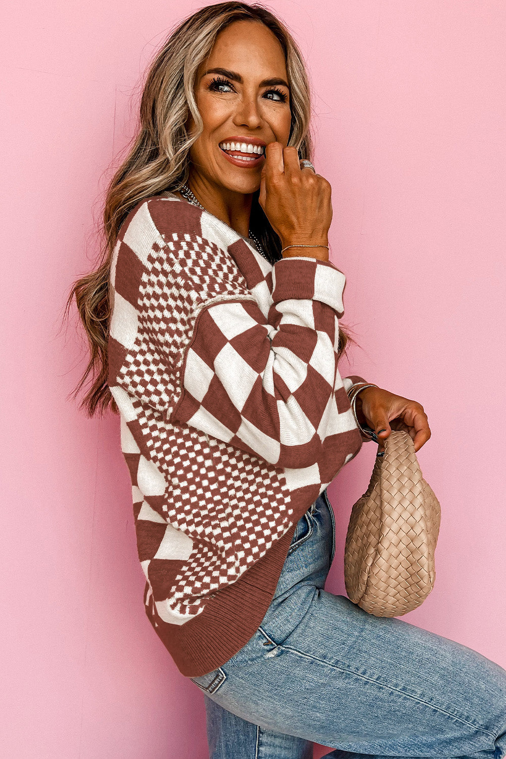 Checkered Print Drop Shoulder Round Neck Sweater | Brown