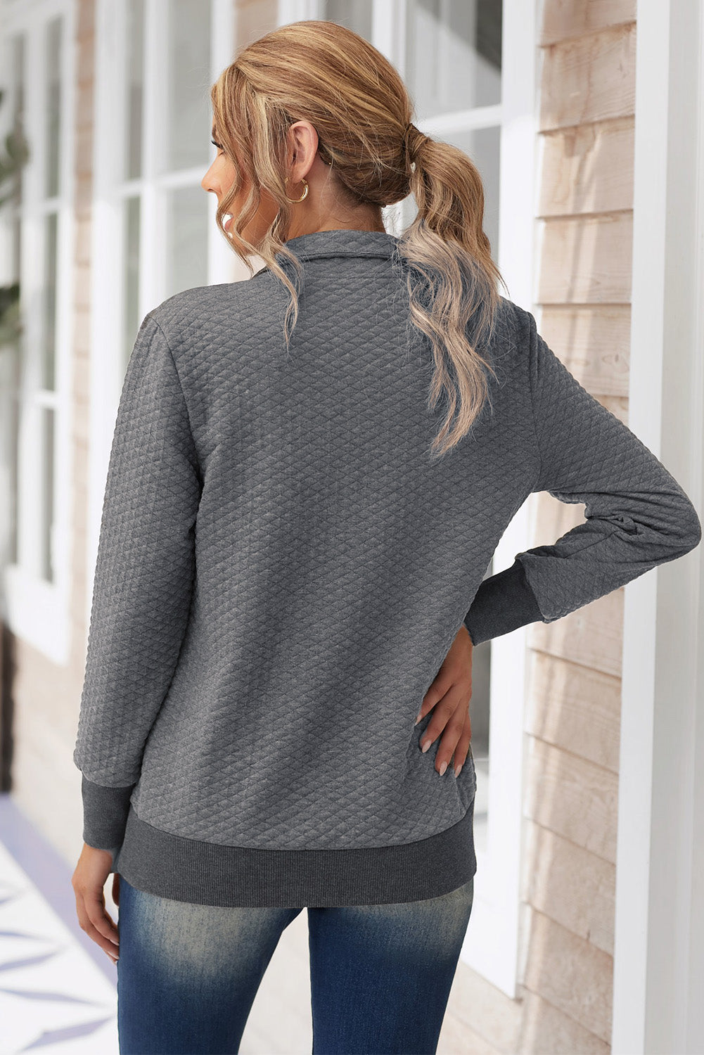 Dark  Quilted Snaps Stand Neck Sweatshirt With Fake Front Pocket | Gray