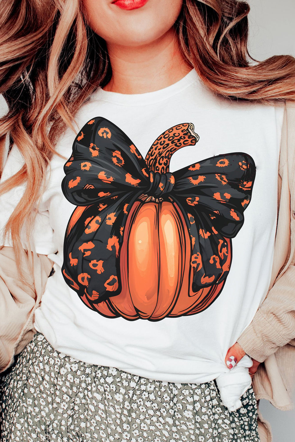 Halloween Bowknot Pumpkin Graphic Crewneck T Shirt | White