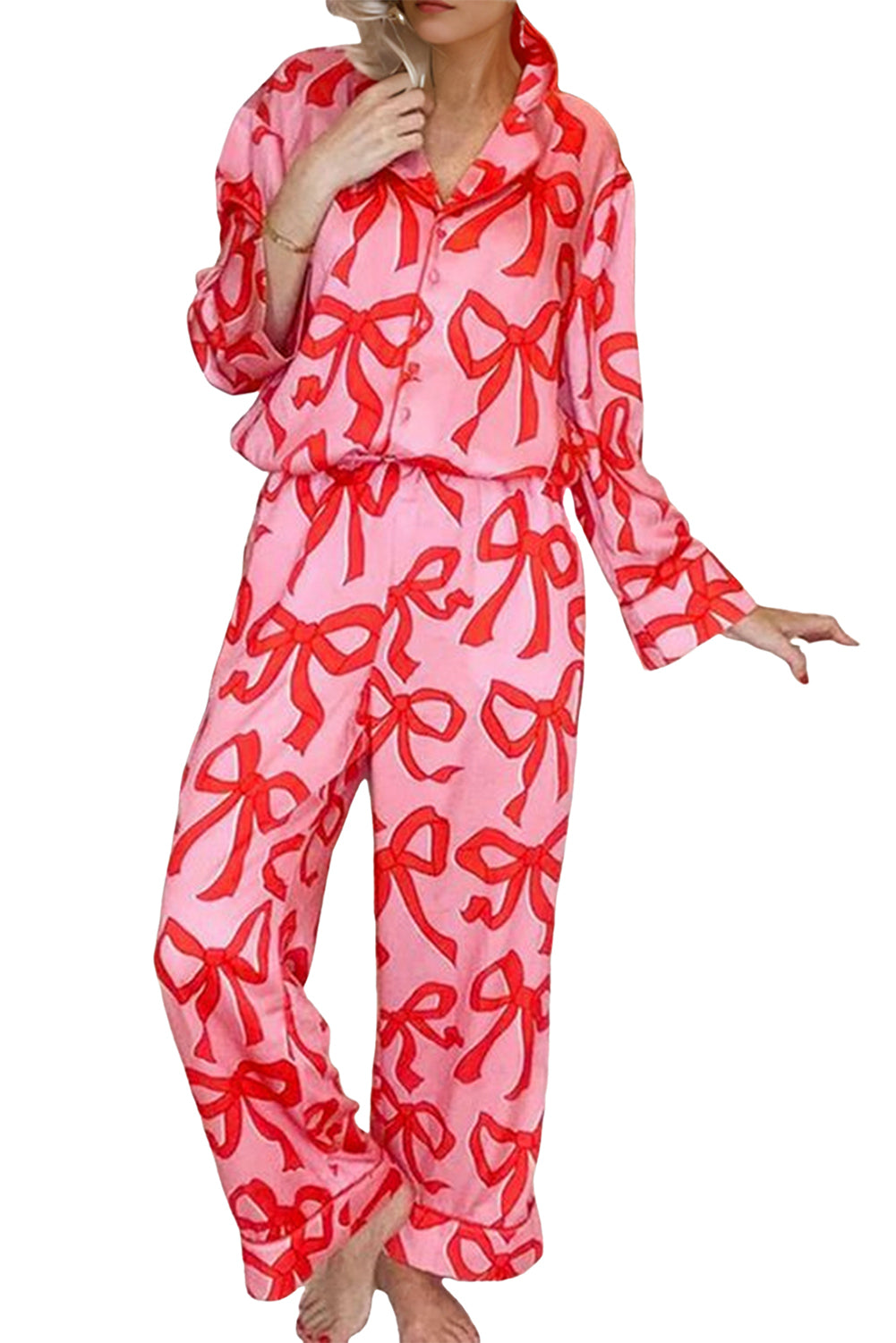 2Pcs Bow Print Shirt Style Long Sleeve Pajama Set | Pink