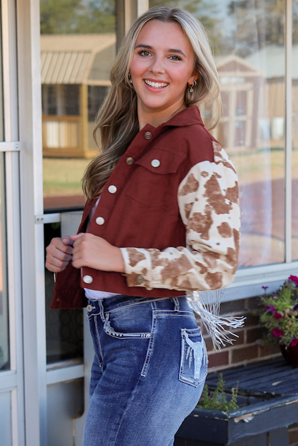 Fiery  Abstract Print Sleeve Back Fringed Cropped Denim Jacket | Red