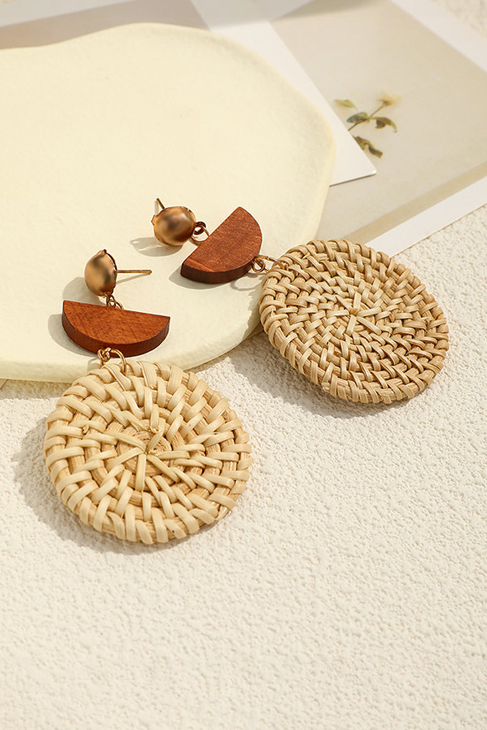 Wooden Woven Disc Dangle Earrings | Beige