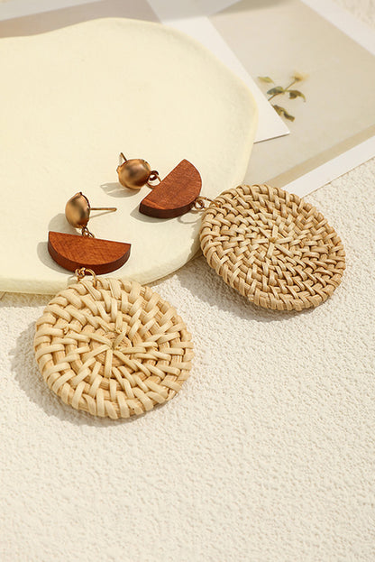 Wooden Woven Disc Dangle Earrings | Beige