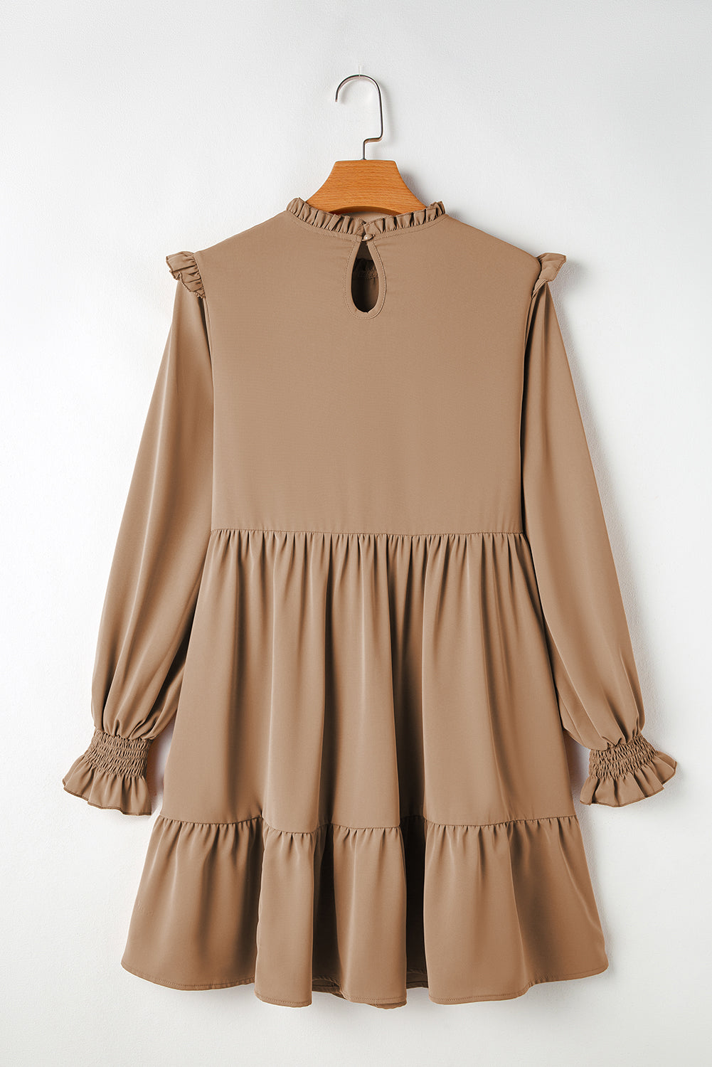 Frilled Collar Ruffled Shoulder Tiered Dress | Light French Beige