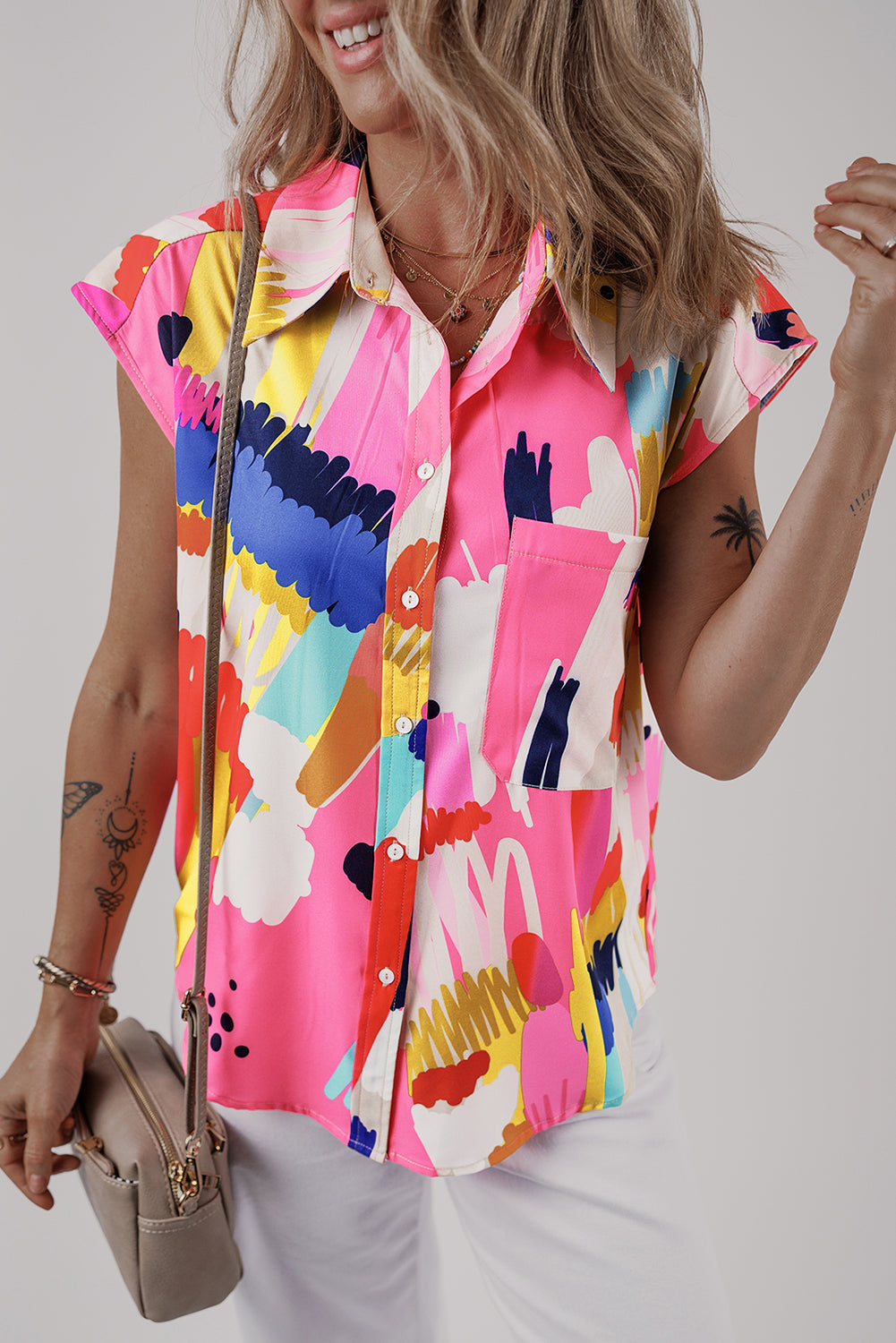 Abstract Print Collared Cap Sleeve Casual Shirt | Multicolour