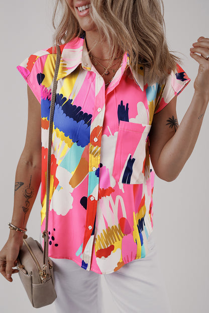 Abstract Print Collared Cap Sleeve Casual Shirt | Multicolour