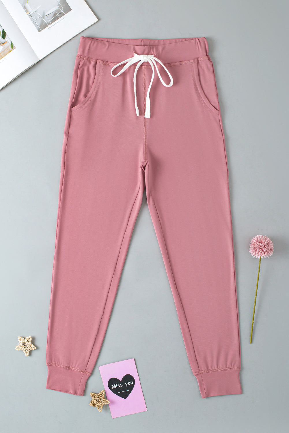 Drawstring Waist Pocketed Joggers | Fushia