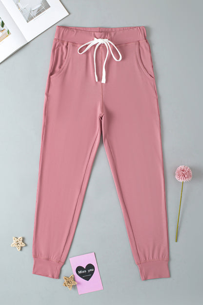 Drawstring Waist Pocketed Joggers | Fushia