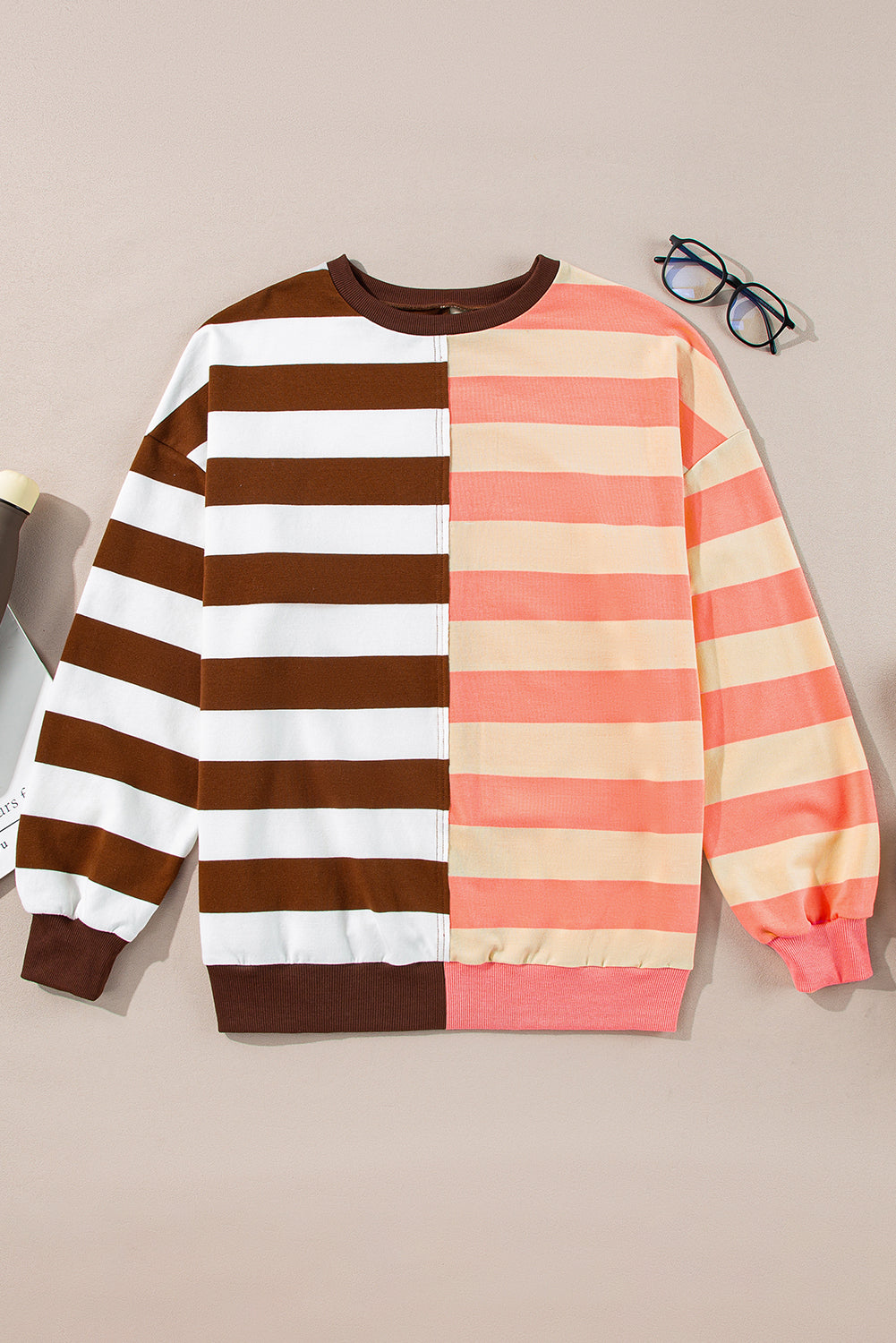 Colour Block Drop Shoulder Pullover Sweatshirt | Brown Stripe