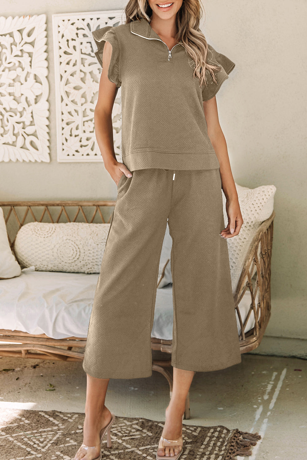 Textured Flutter Sleeve Top Wide Leg Pants Set | Pale Khaki